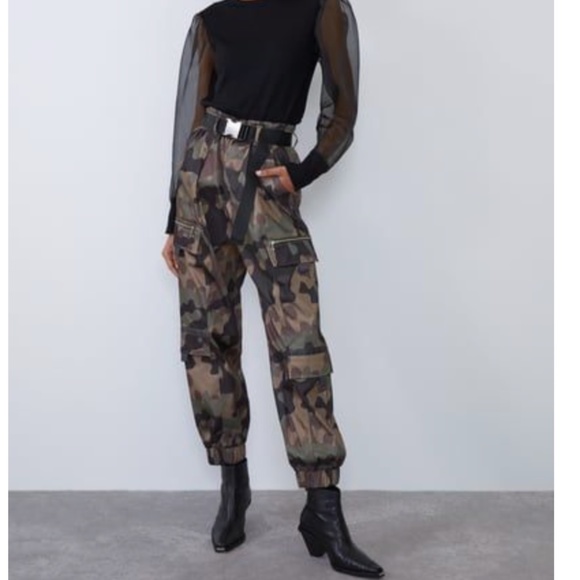 New Zara Belted Camouflage Cargo Nylon Joggers Pants - Picture 6 of 14